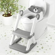 COOSEYA Bear potty training seat, upgrade toddler toilet seat with triangle base structure for kids boys girls, 2 in 1 bathroom potty training, waterproof cushioned mat with anti-slip pad (Grey)